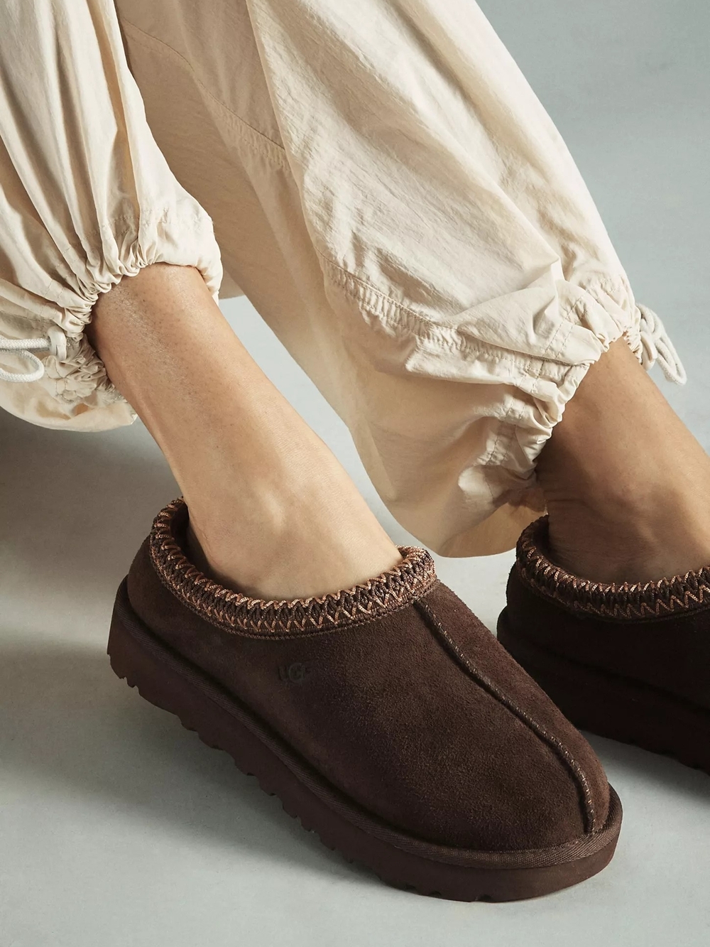 UGG Tasman Burnt Cedar Chocolate Brown Suede Slip-On Clog with Braided Trim